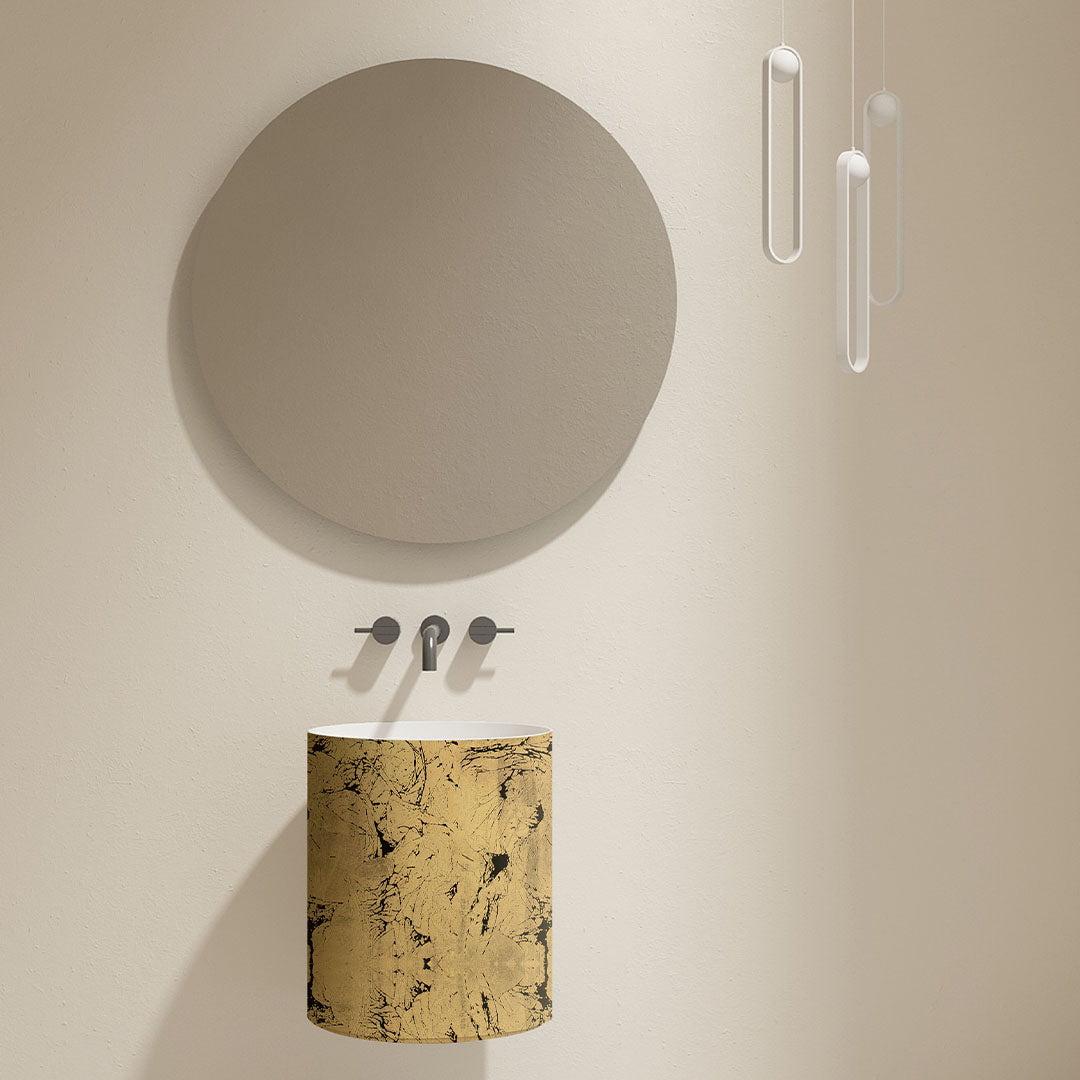 Set baie, cada freestanding din acril de 170 cm si lavoar pe perete din compozit, auriu cu model, MonBlari