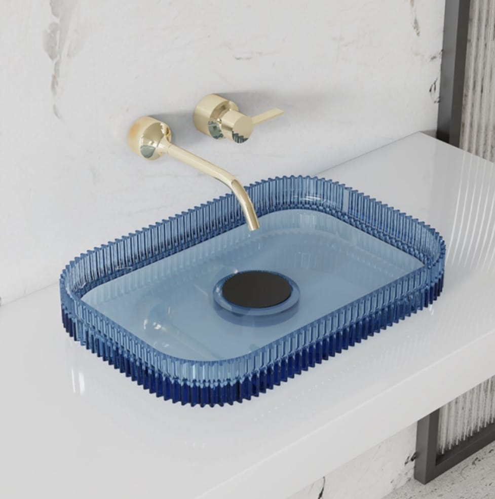 Set baie, cada freestanding si lavoar pe blat, din rasina, albastru transparent, MonBlari