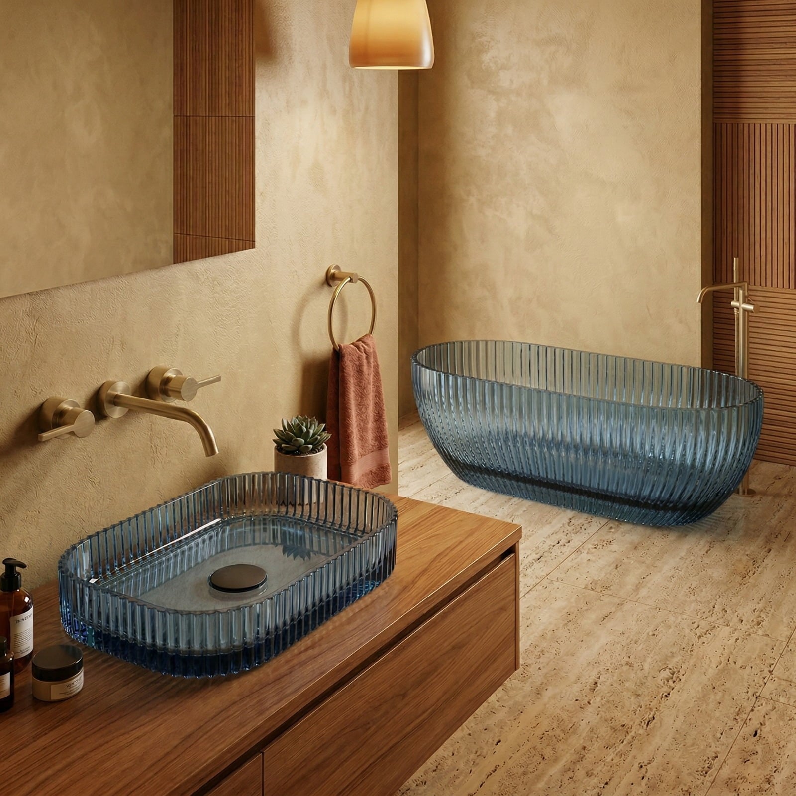 Set baie, cada freestanding si lavoar pe blat, din rasina, albastru transparent, MonBlari