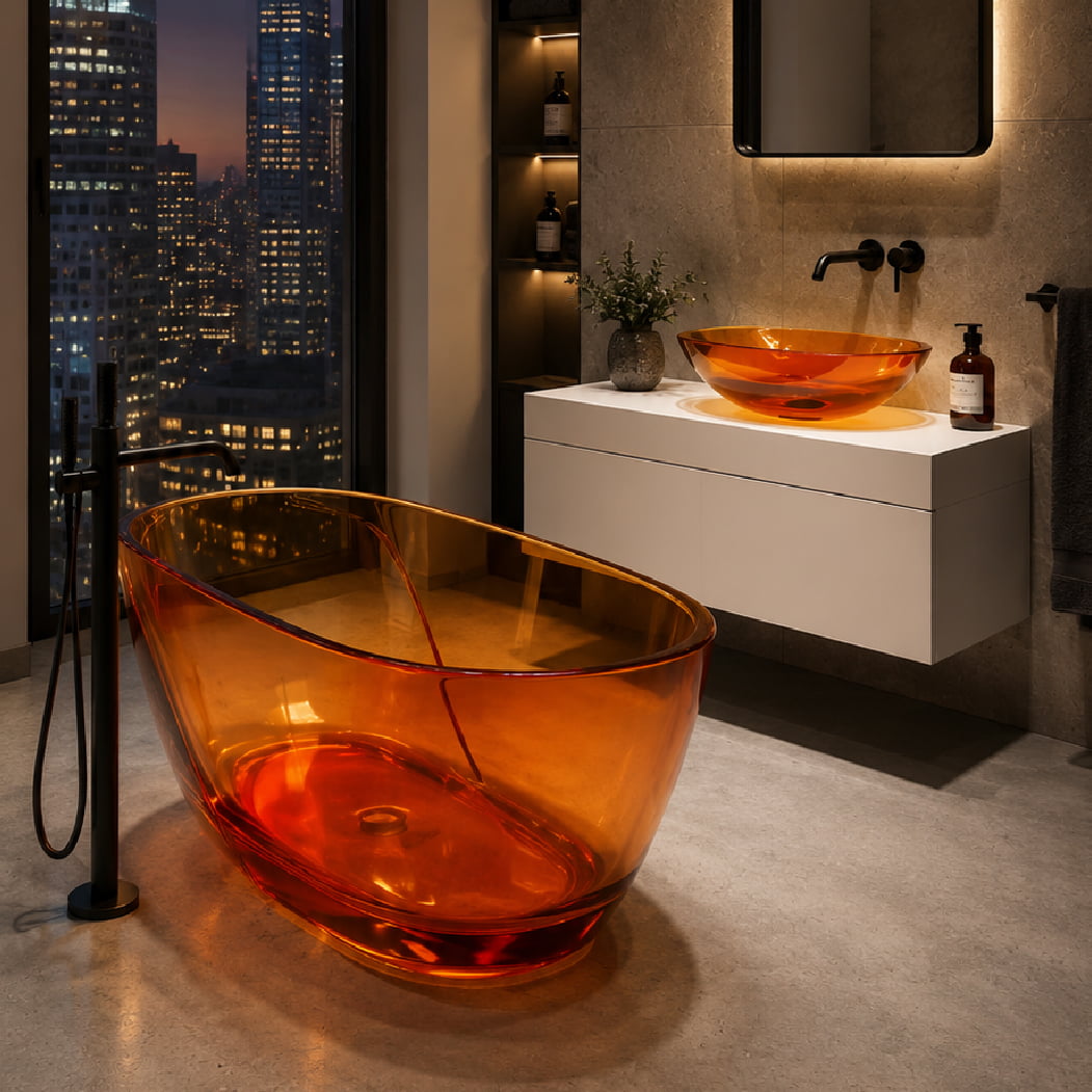 Set baie, cada freestanding si lavoar pe blat, din rasina, maro transparent, MonBlari