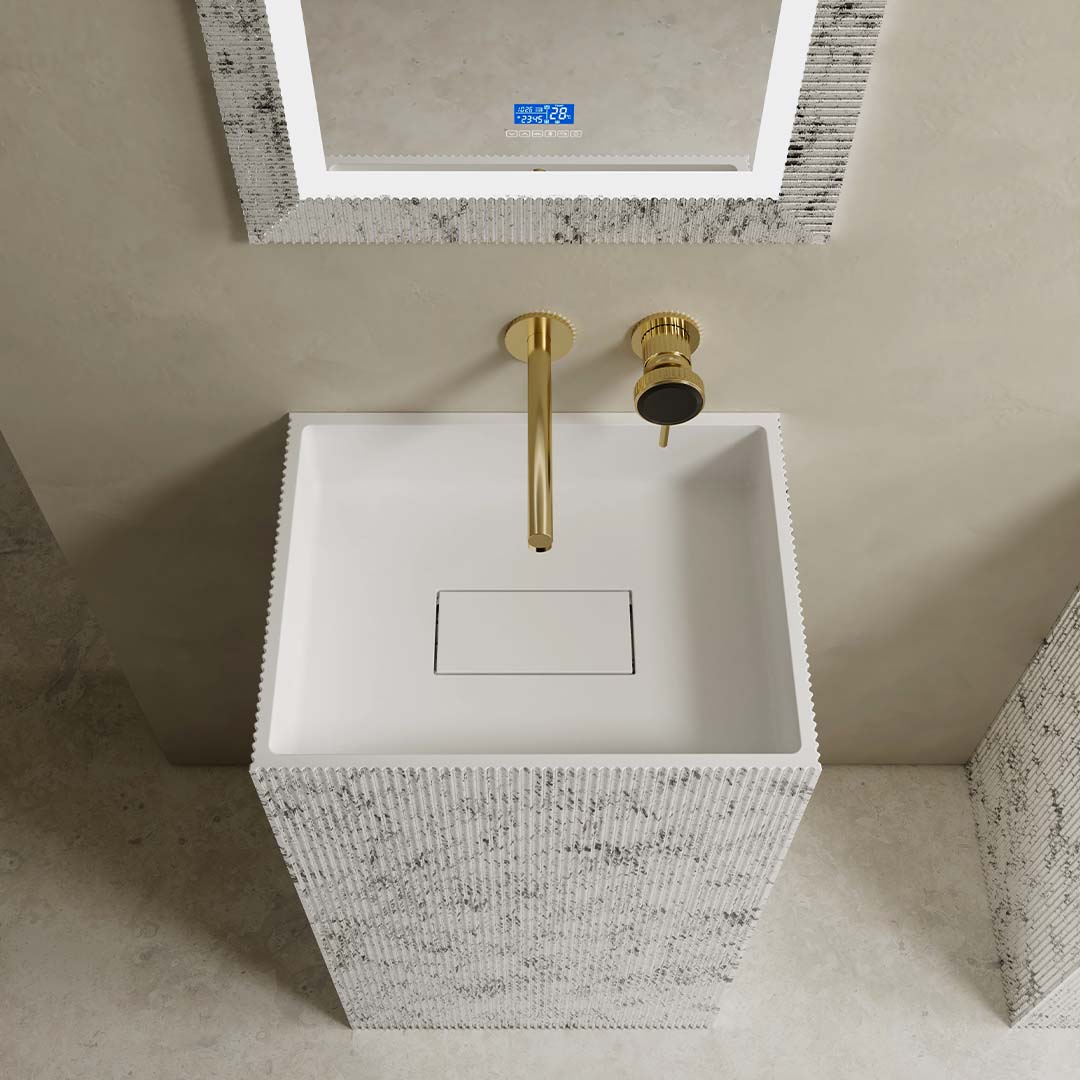 Set baie, cada si lavoar freestanding cu oglinda, din compozit, alb/gri  mat, MonBlari