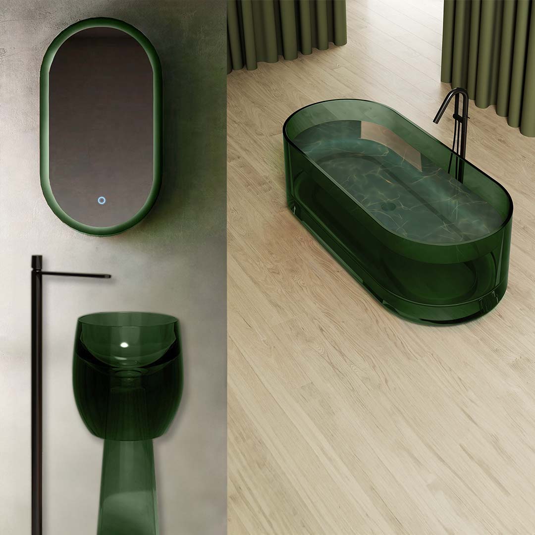 Set baie, cada si lavoar freestanding cu oglinda, din rasina, verde transparent, MonBlari