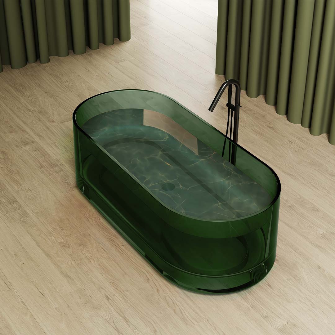 Set baie, cada si lavoar freestanding cu oglinda, din rasina, verde transparent, MonBlari