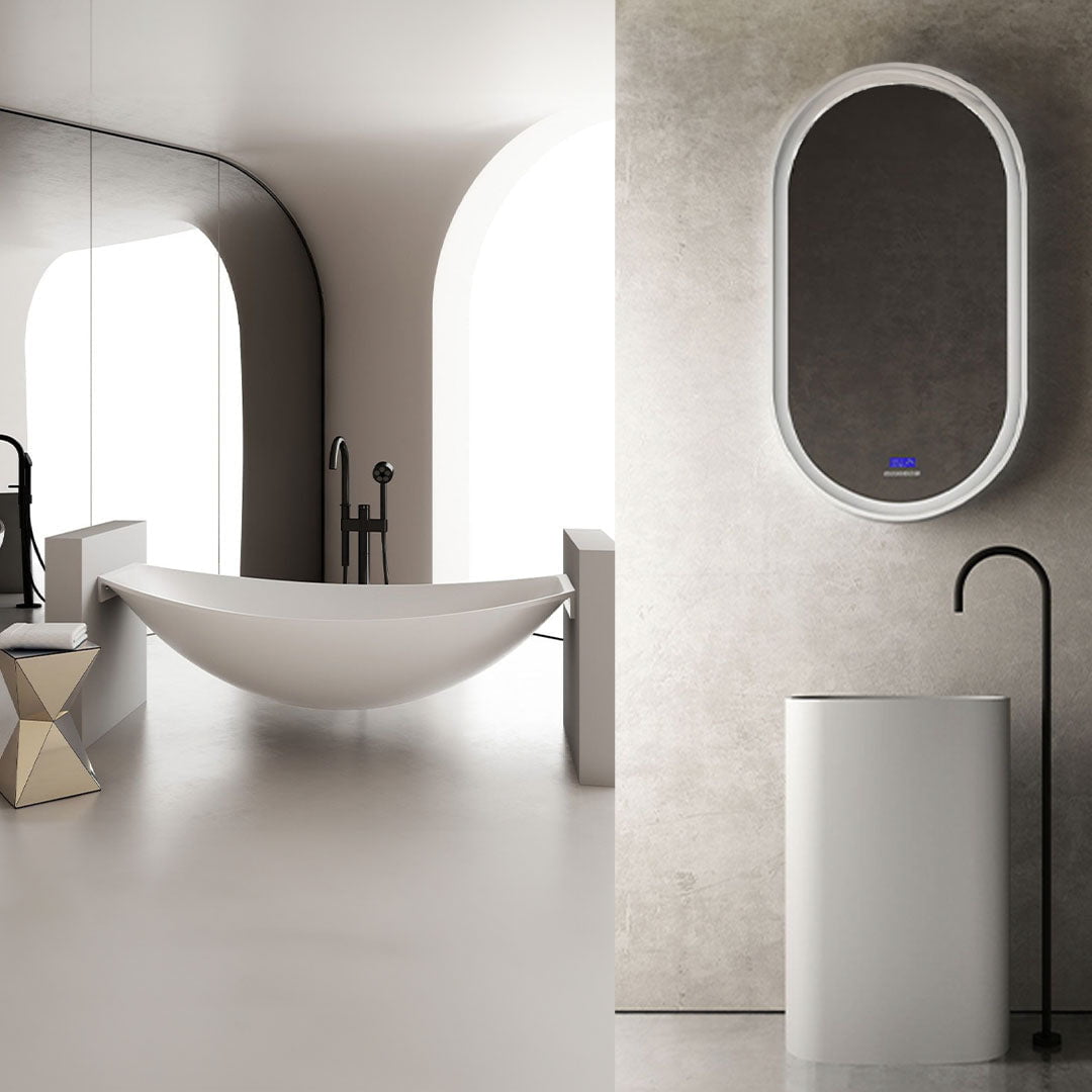 Set baie, cada suspendata 180 cm si lavoar freestanding, din compozit, alb mat, MonBlari