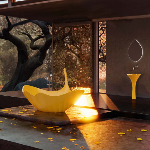 Set baie Ginknova, cada si lavoar in forma de floare, din rasina, galben, MonBlari