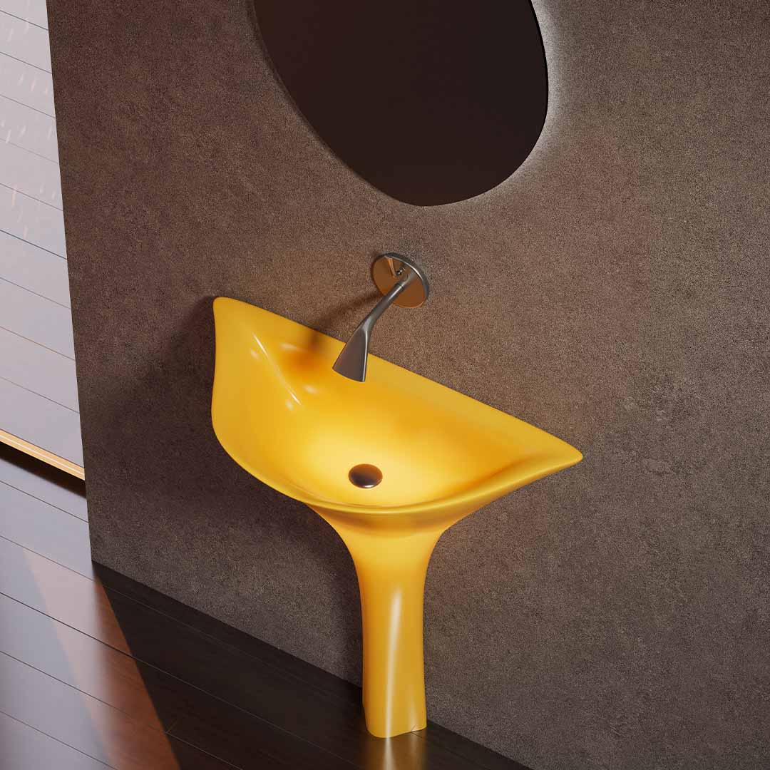 Set baie Ginknova, cada si lavoar in forma de floare, din rasina, galben, MonBlari