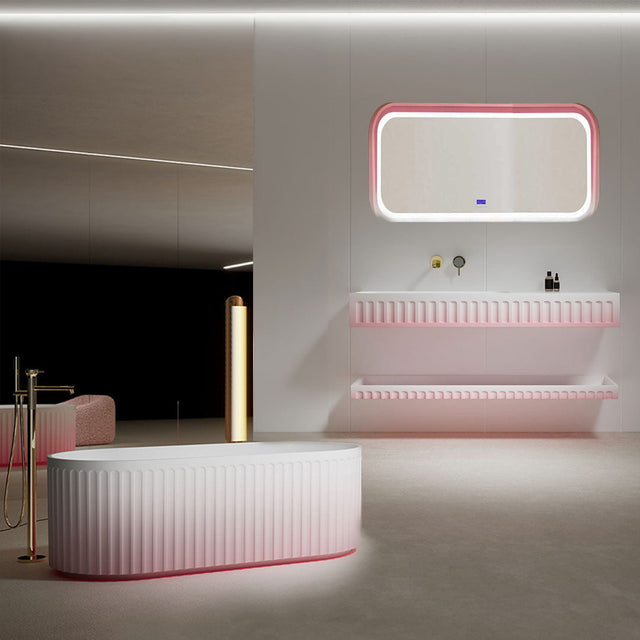 Set baie Gradient, cada de 170 cm cu lavoar, oglinda si raft, din compozit, alb/roz mat, MonBlari