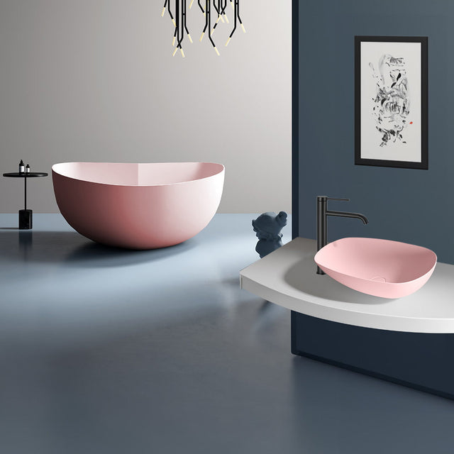 Set baie Hearth, cada freestanding din acril de 150 cm in forma de inima si lavoar pe blat din compozit, roz mat, MonBlari