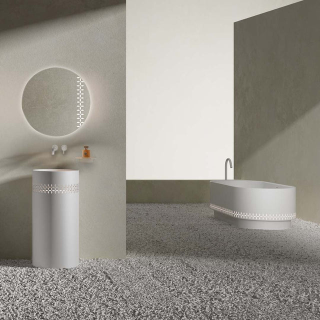 Set baie Linglong, cada cu LED, lavoar, oglinda si raft, din compozit, alb mat, MonBlari