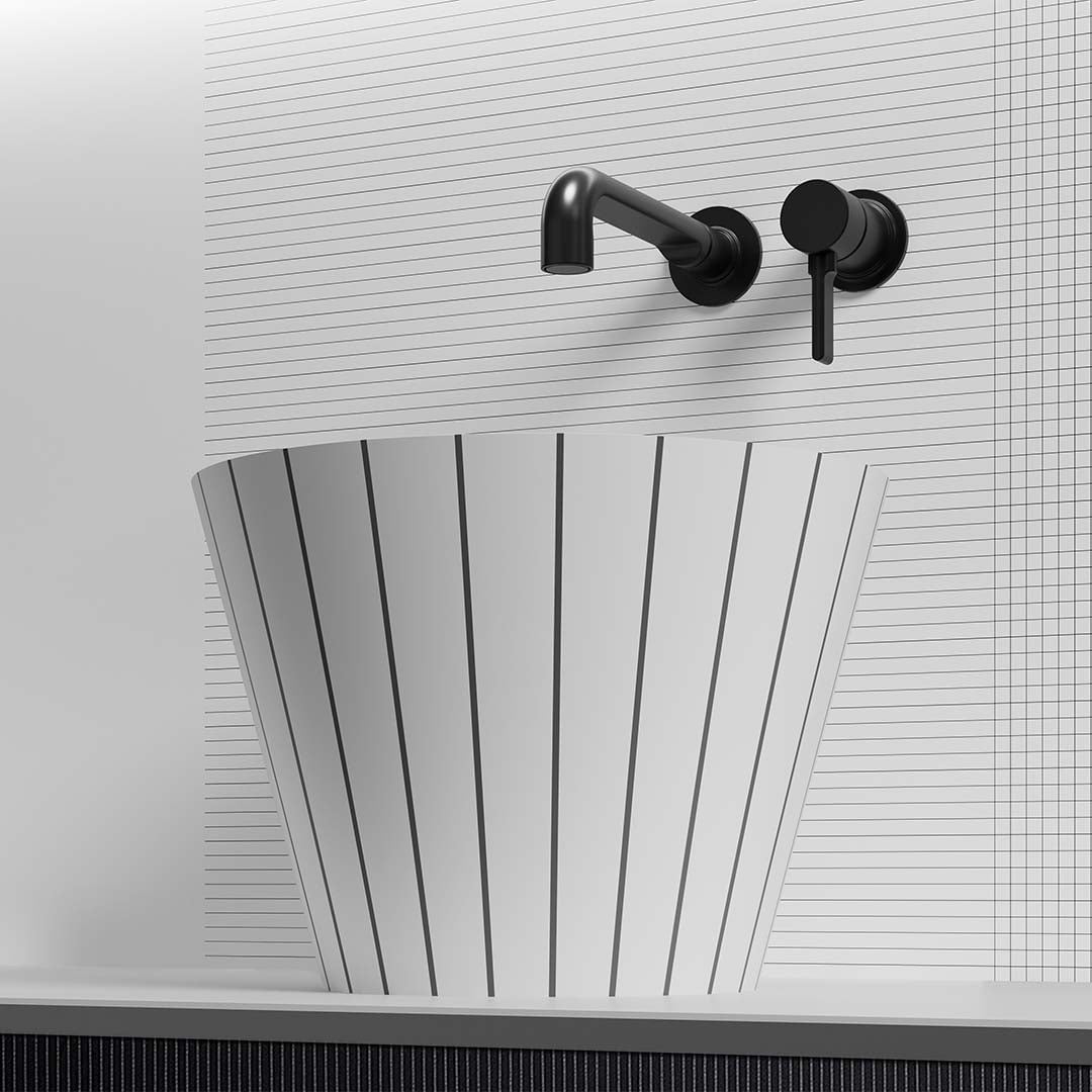 Set baie Swing, cada freestanding rotunda 135 cm si lavoar pe blat, din compozit, alb mat cu linii negre, MonBlari