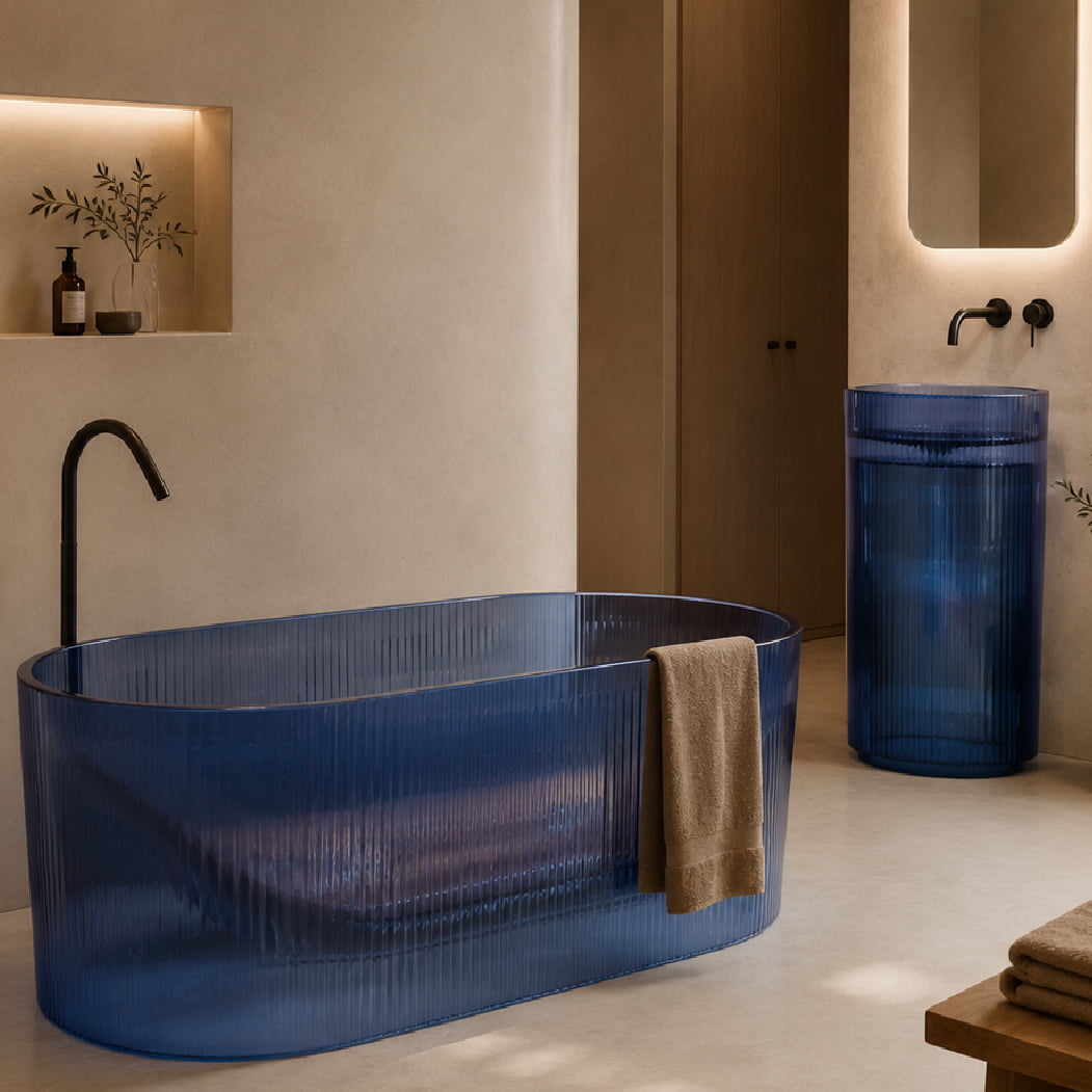 Set baie transparent, cada cu functie jacuzzi si lavoar freestanding, din rasina, albastru, MonBlari