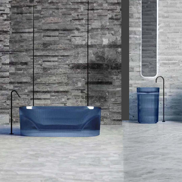 Set baie transparent, cada si lavoar freestanding, din rasina, albastru, MonBlari