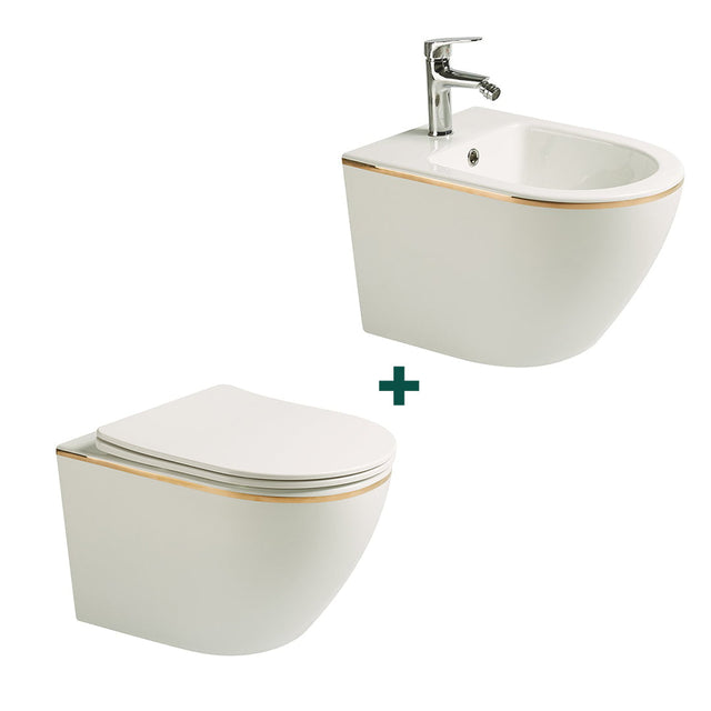 Set baie vas WC + bideu, din ceramica sanitara, alb cu o linie aurie, Elysium