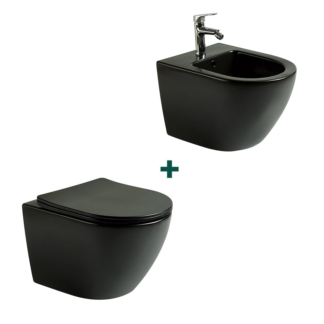 Set baie vas WC + bideu, negru mat, din ceramica sanitara, Elysium