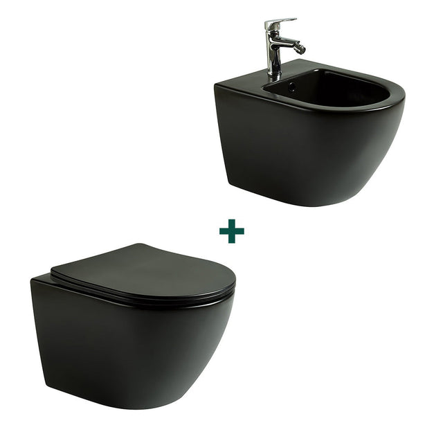 Set baie vas WC + bideu, negru mat, din ceramica sanitara, Elysium