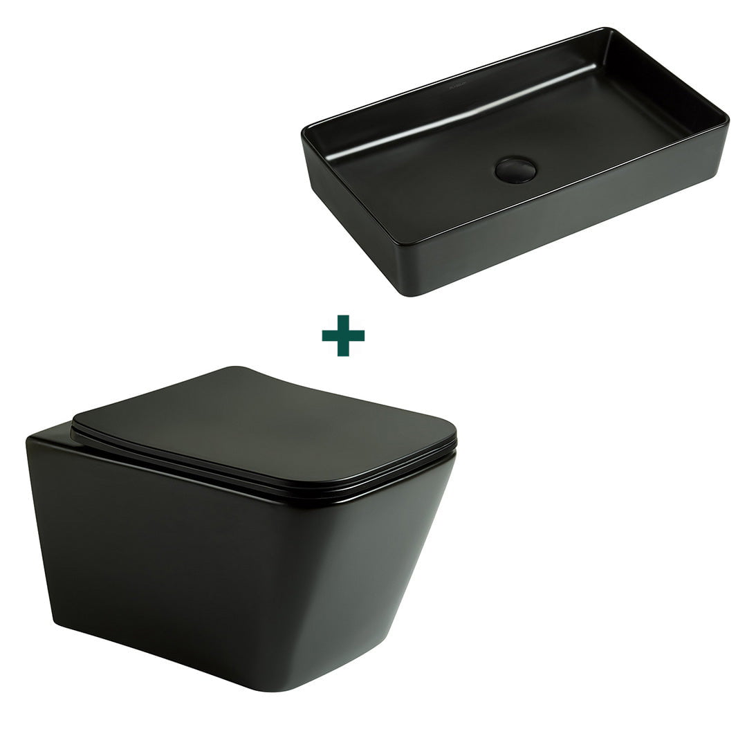 Set baie vas WC + lavoar dreptunghiular, din ceramica sanitara, negru mat, Elysium