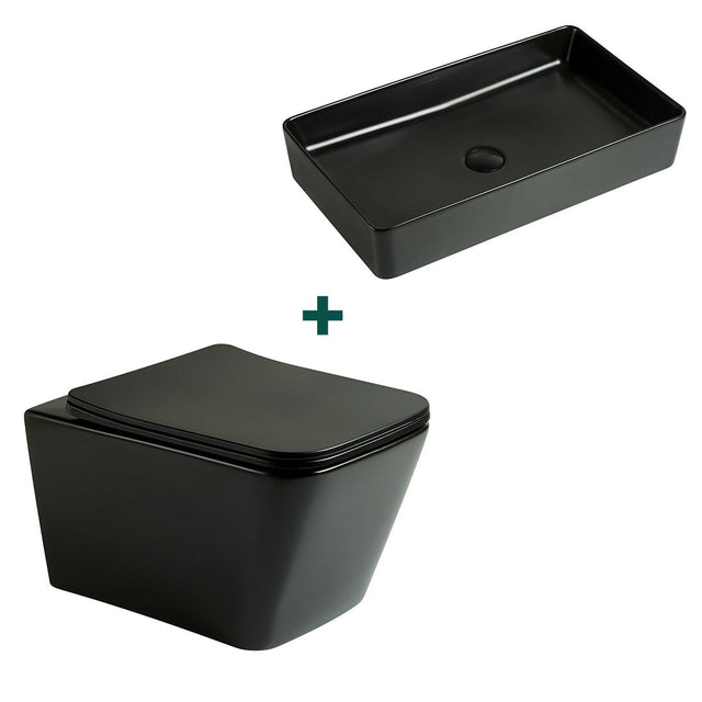 Set baie vas WC + lavoar dreptunghiular, din ceramica sanitara, negru mat, Elysium
