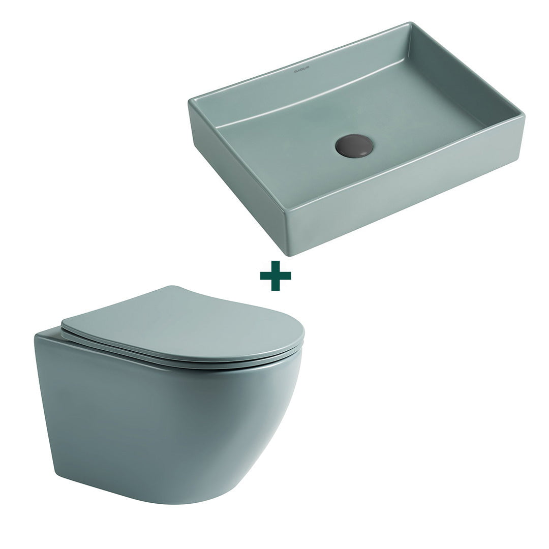 Set baie vas WC + lavoar dreptunghiular pe blat, din ceramica sanitara, verde mat, Elysium