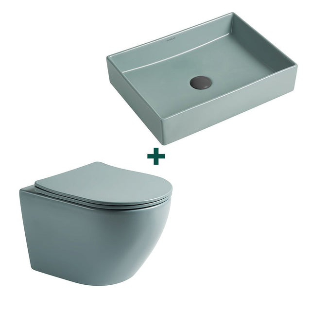 Set baie vas WC + lavoar dreptunghiular pe blat, din ceramica sanitara, verde mat, Elysium