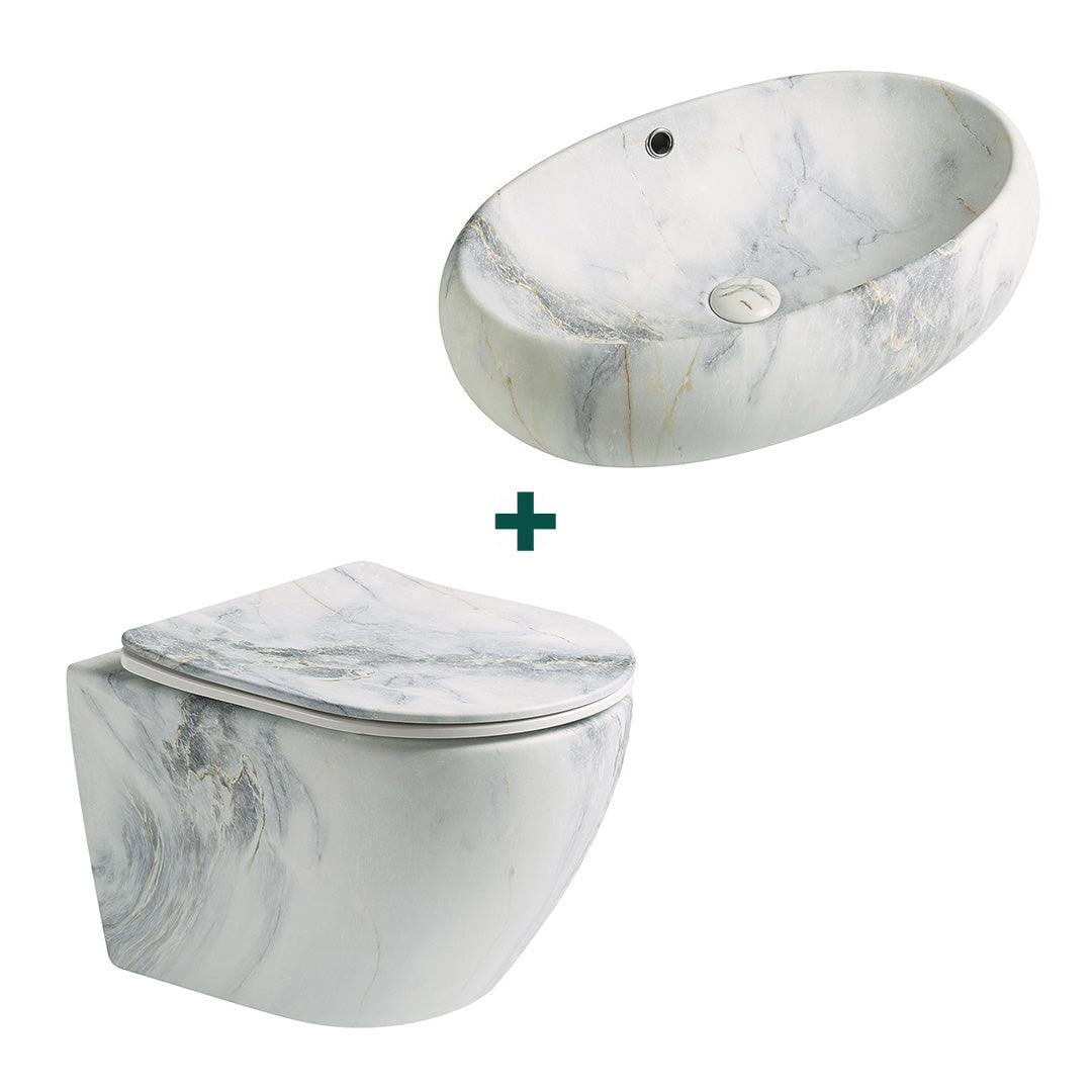 Set baie vas WC + lavoar Granada, pe blat, din ceramica sanitara, imitatie piatra Blue Vein, Elysium