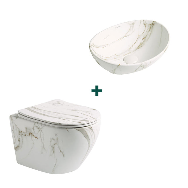 Set baie vas WC + lavoar pe blar Inari, din ceramica sanitara, imitatie piatra, Elysium