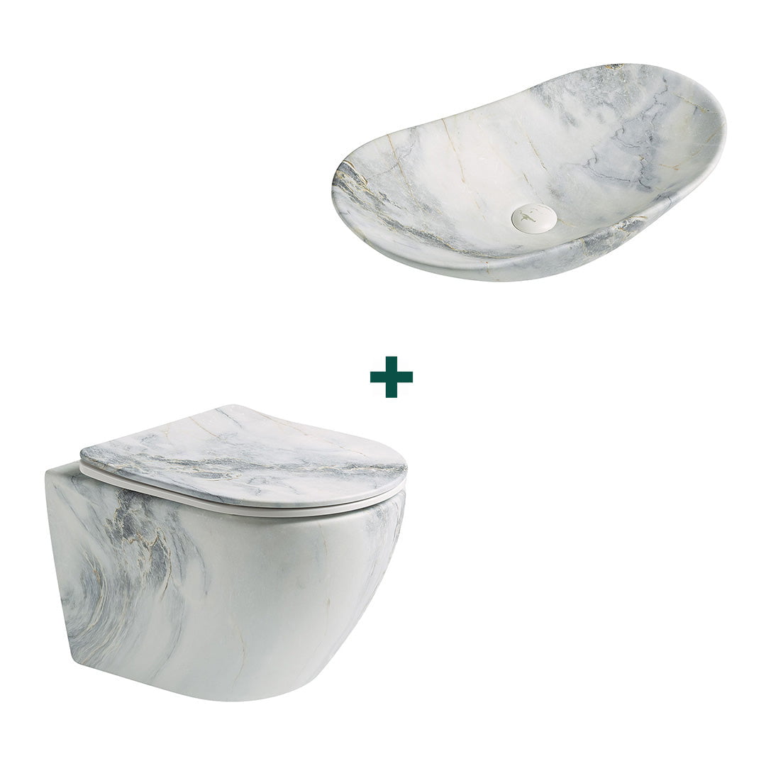 Set baie vas WC + lavoar pe blat, ceramica sanitara, imitatie piatra Blue Vein, Elysium