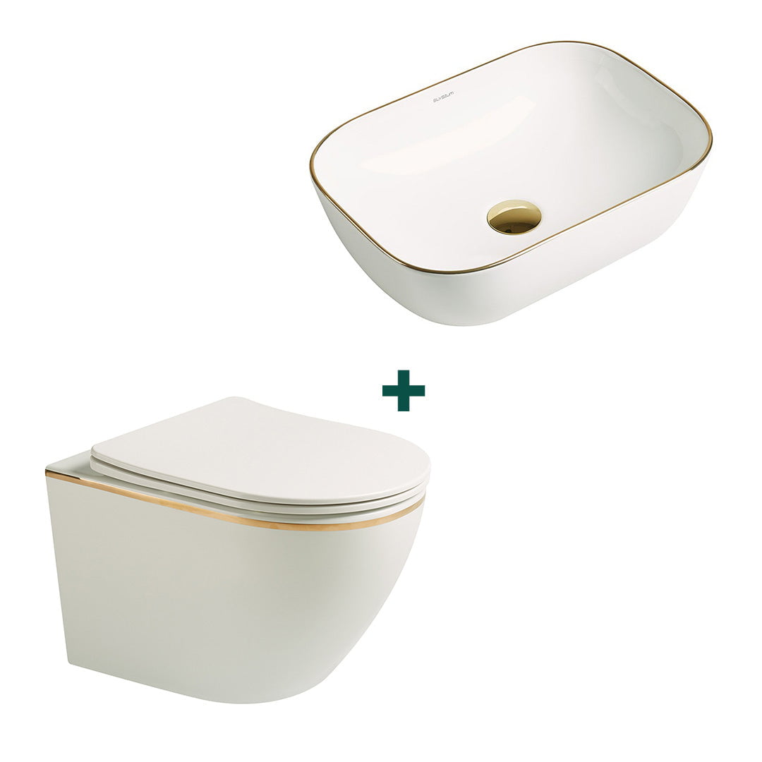 Set baie vas WC + lavoar pe blat, din ceramica sanitara, alb cu linie aurie, Elysium