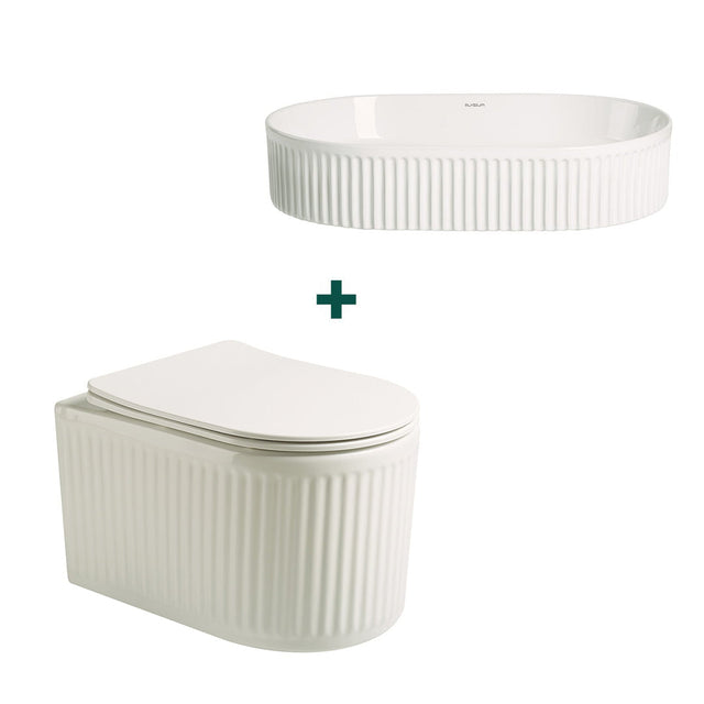 Set baie vas WC + lavoar pe blat, din ceramica sanitara, alb lucios, cu riflaje, Elysium