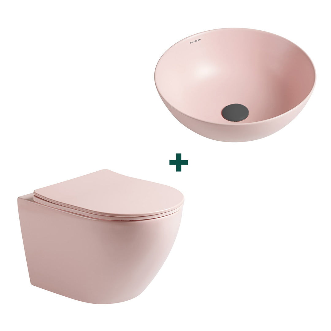 Set baie vas WC + lavoar pe blat, din ceramica sanitara, roz mat, Elysium