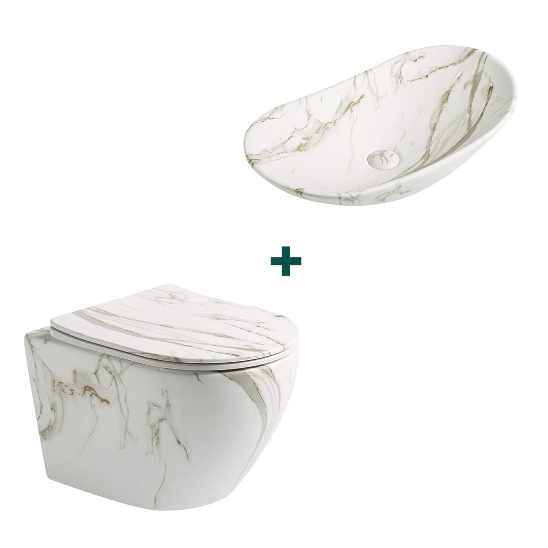 Set baie vas WC + lavoar pe blat Lleida, din ceramica sanitara, imitatie piatra, Elysium