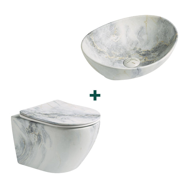 Set baie vas WC + lavoar pe blat, oval, din ceramica sanitara, imitatie piatra Blue Vein, Elysium
