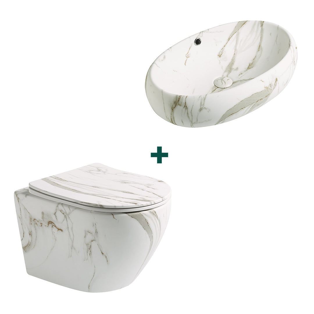Set baie vas WC + lavoar pe blat, oval, imitatie piatra, din ceramica sanitara, Elysium