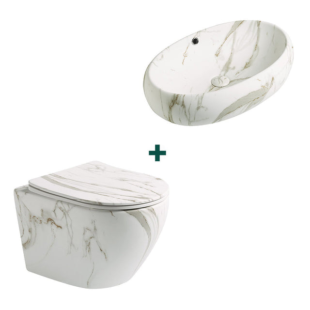 Set baie vas WC + lavoar pe blat, oval, imitatie piatra, din ceramica sanitara, Elysium