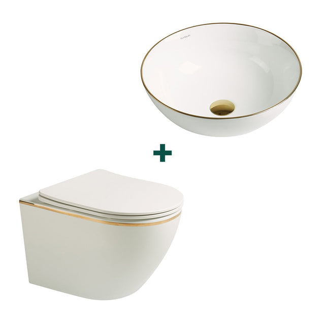 Set baie vas WC + lavoar pe blat rotund, din ceramica sanitara, alb cu linie aurie, Elysium
