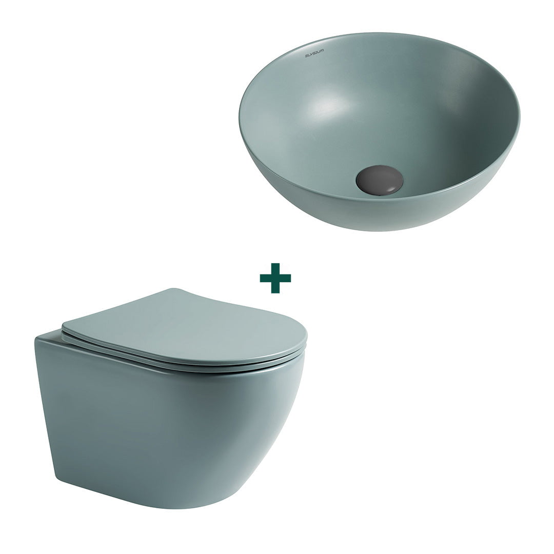 Set baie vas WC + lavoar rotund pe blat, din ceramica sanitara, verde mat, Elysium
