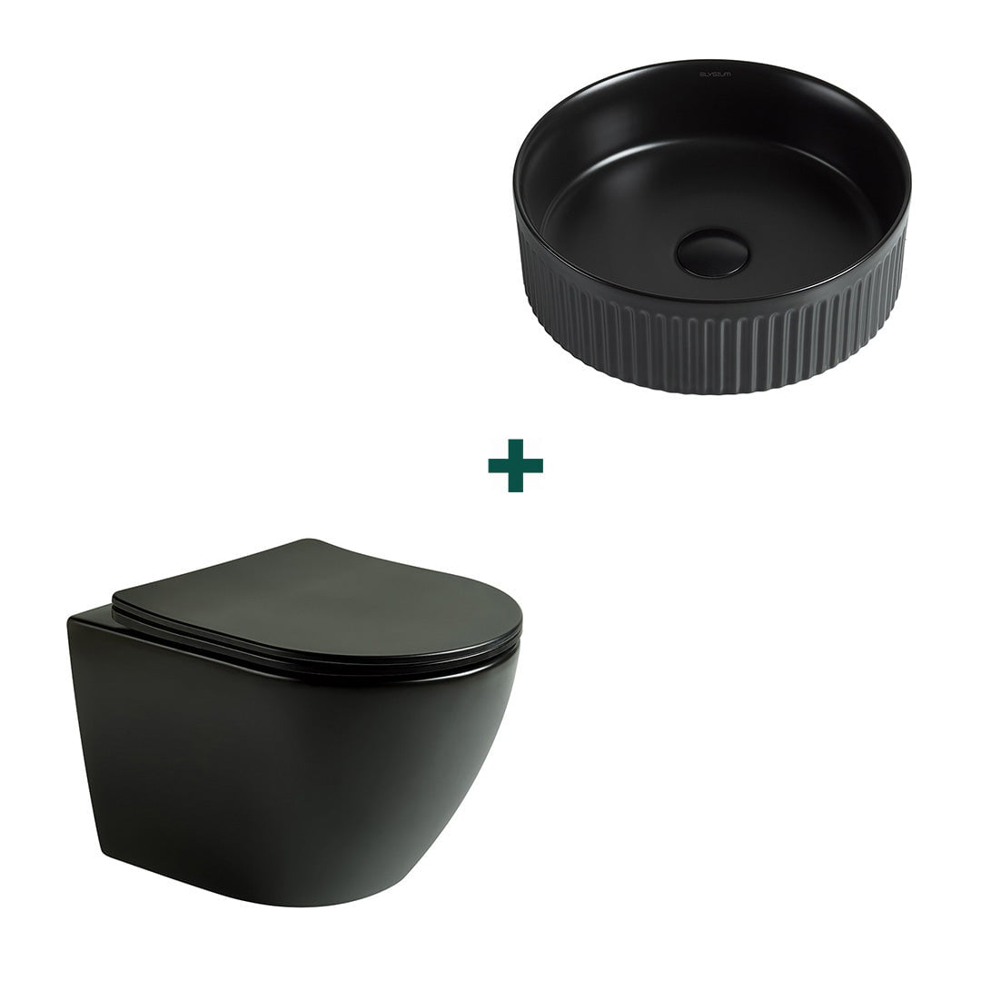Set baie vas WC negru mat + lavoar pe blat, cu riflaje, negru mat, din ceramica sanitara, Elysium