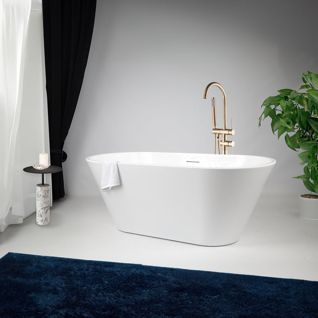 Set Cadă de baie freestanding Corsica, 170x80x55, alb lucios + baterie de podea cu cadru rotund si rotire 360 grade, auriu nichelat