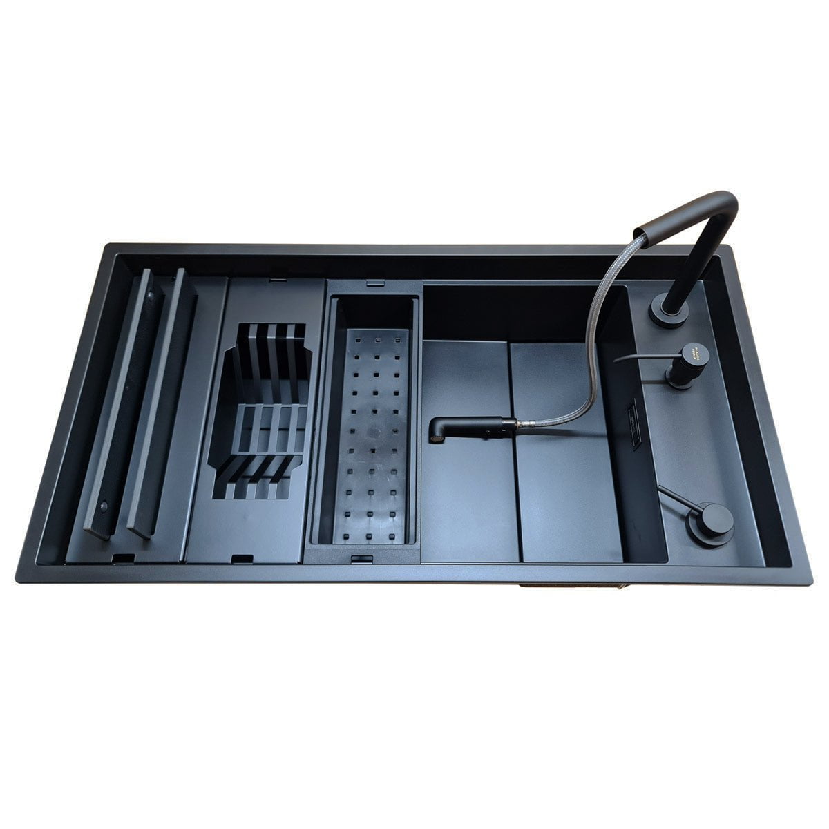 Set chiuveta bucatarie compozit ceramic Invisible Dialogo 360 Workstation Black Matt Neagra cu ventil scurgere negru, capac zona scurgere negru si accesorii montaj, 860x460x220mm