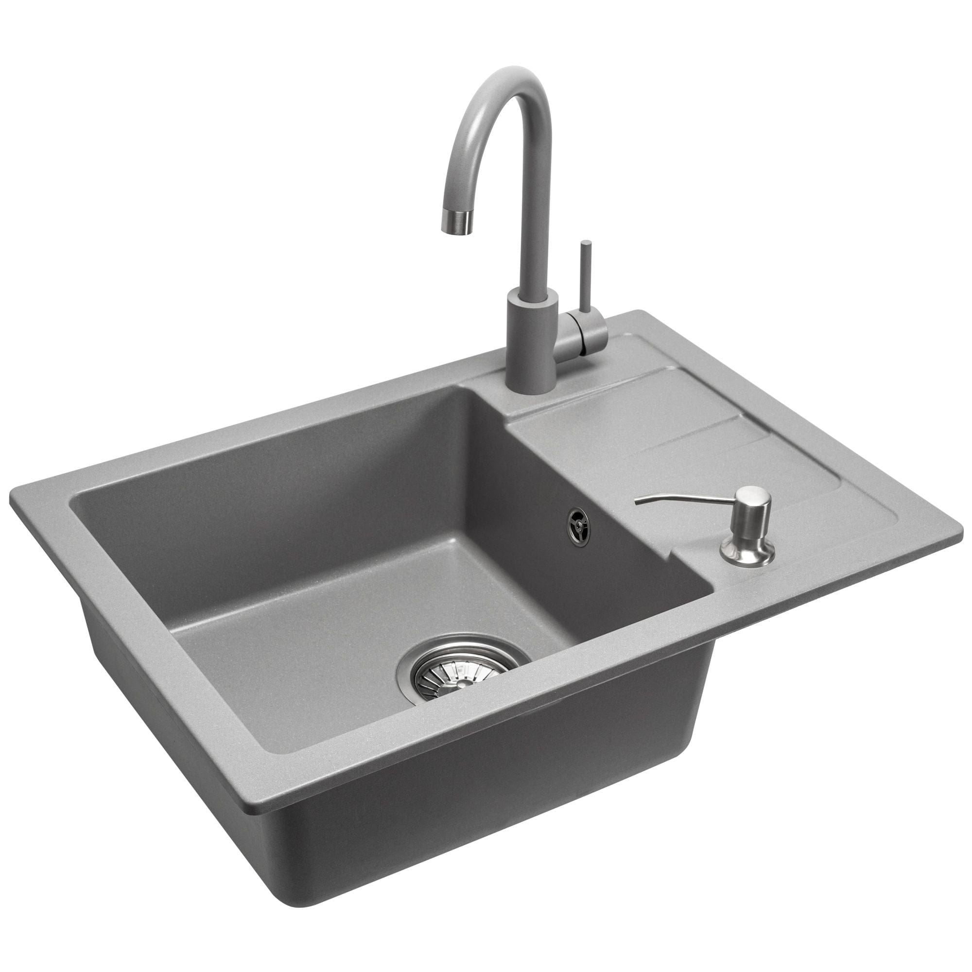 Set chiuvetă bucătărie granit Nils gri, baterie, dozator detergent, sifon și scurgere, 310x620x160 mm