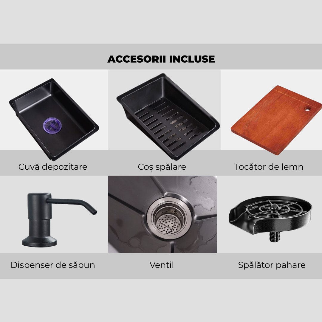 Set chiuvetă bucătărie, multifuncțională, baterie cu duș de pulverizare extractibil, 3 funcții de curgere + accesorii incluse, COD 1003
