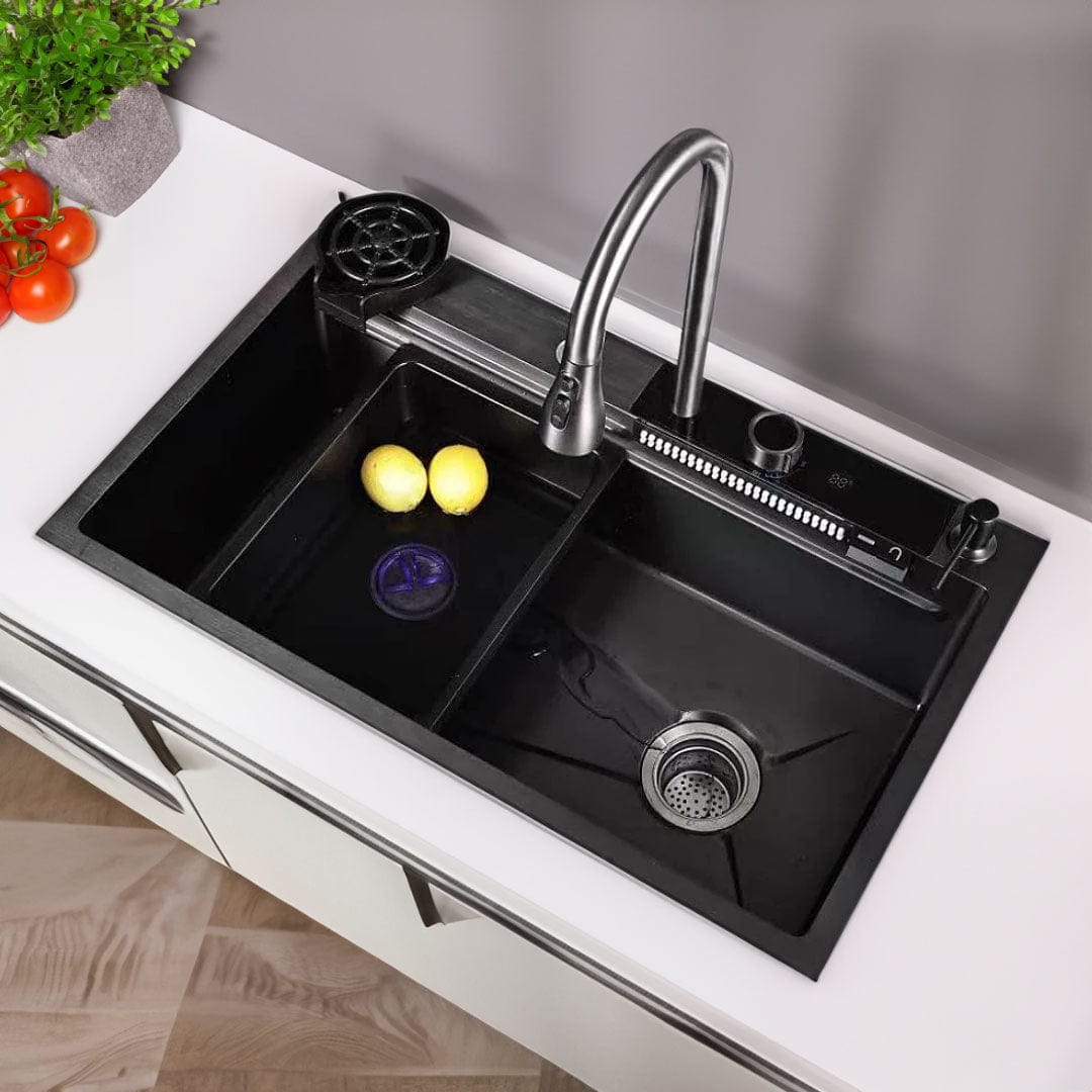 Set chiuvetă bucătărie, multifuncțională, baterie cu duș de pulverizare extractibil, 3 funcții de curgere, display digital + accesorii incluse, COD 1002