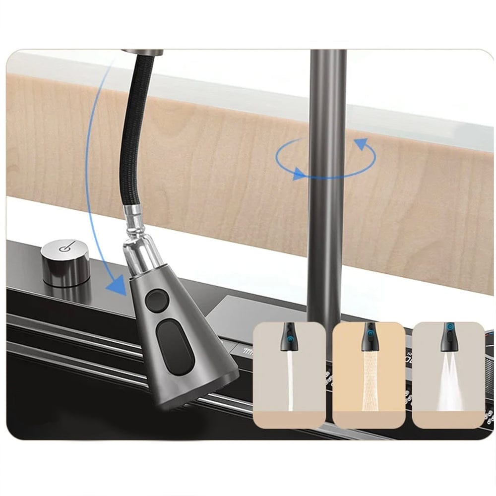 Set chiuvetă bucătărie, multifuncțională, baterie cu duș de pulverizare extractibil, 3 funcții de curgere, display digital și baterie specială pentru apă purificată + accesorii incluse, COD 1001