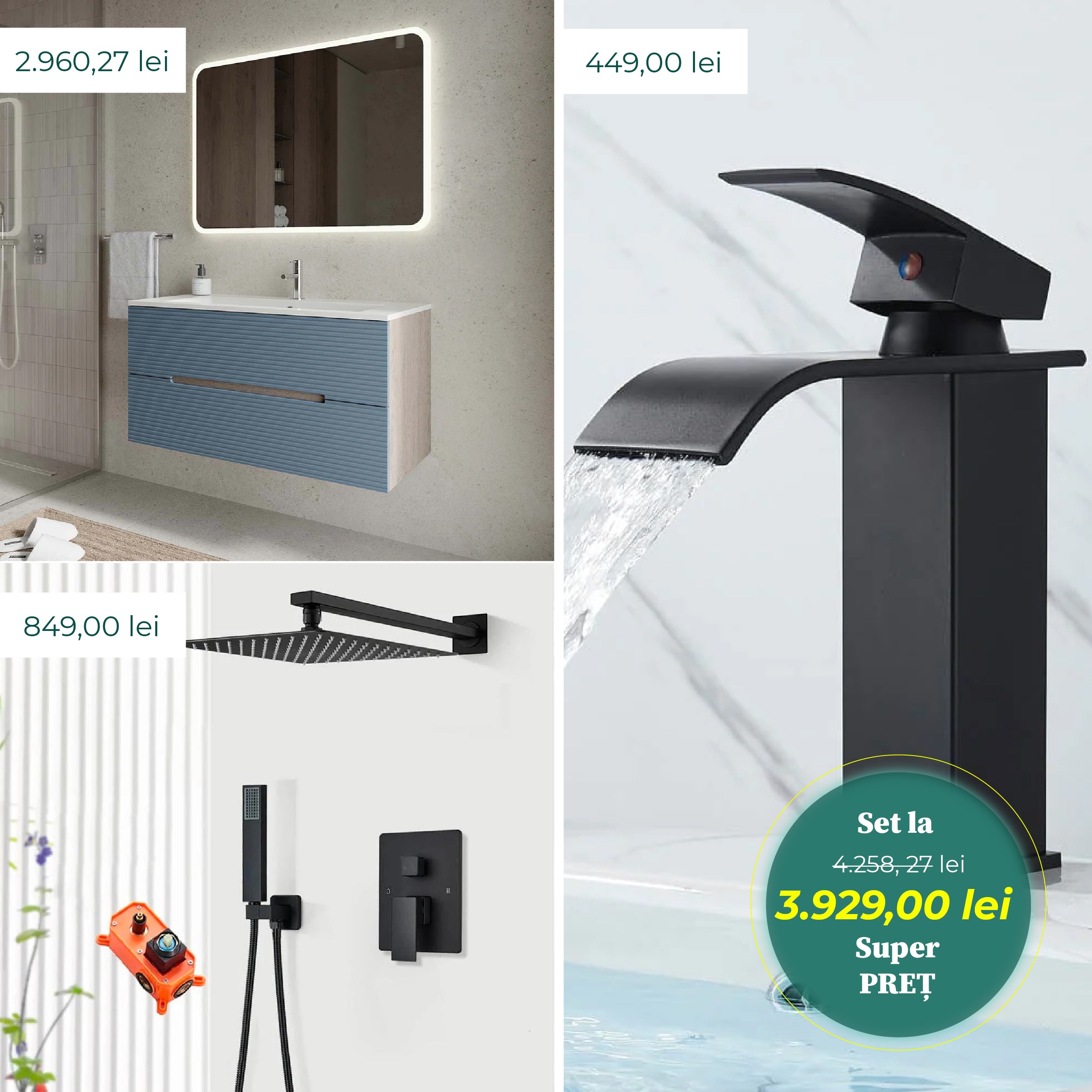 Set complet cu mobilier de baie albastru cu lavoar si oglinda, set de dus negru cu 2 functii si baterie pentru lavoar neagra