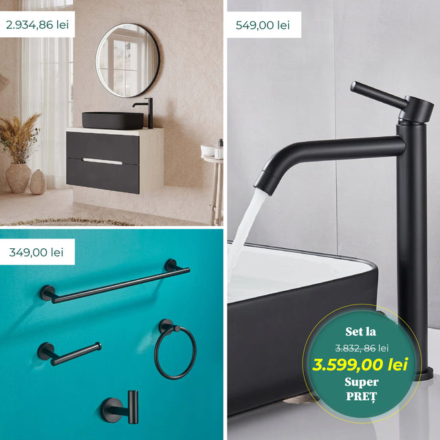 Set complet cu mobilier de baie cu lavoar si oglinda, baterie pe blat si accesorii, negru