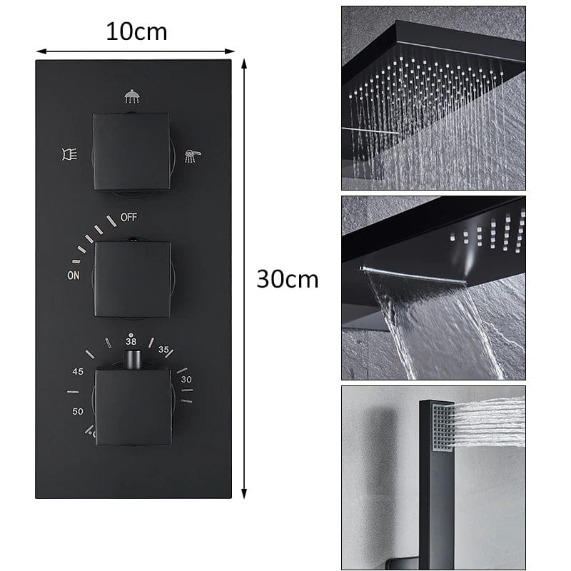 Set de dus cu para tip cascada cu termostat, negru mat, cu 3 functii de curgere a apei, + SIFON, cod 1545