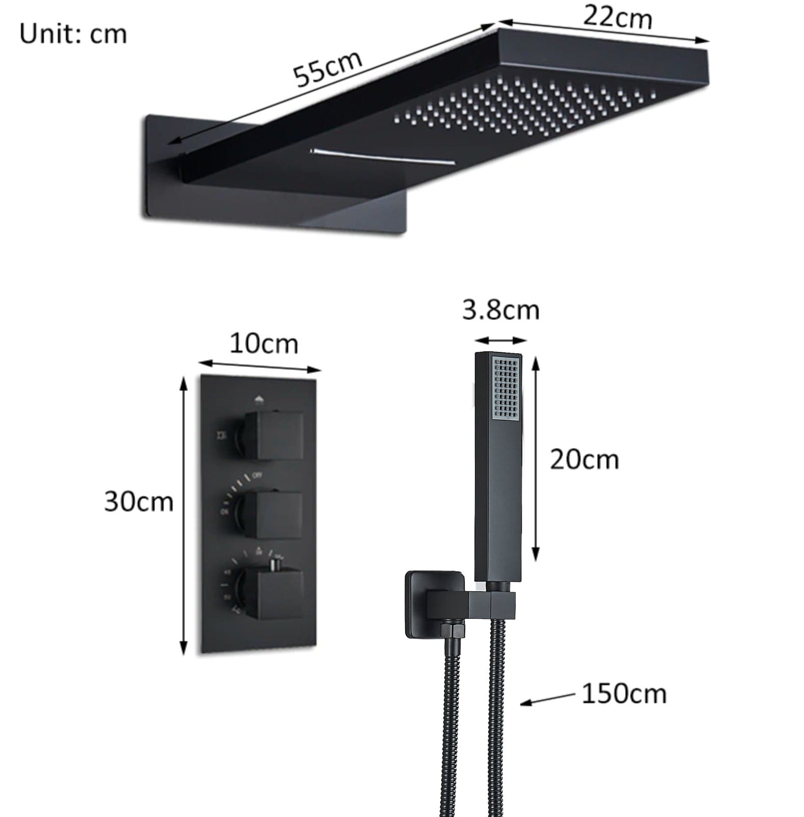 Set de dus cu para tip cascada cu termostat, negru mat, cu 3 functii de curgere a apei, + SIFON, cod 1545