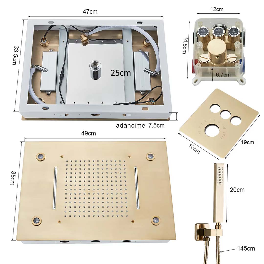 Set de dus incastrabil in tavan, cu para patrata si termostat, 3 functii de curgere a apei, cod 1690