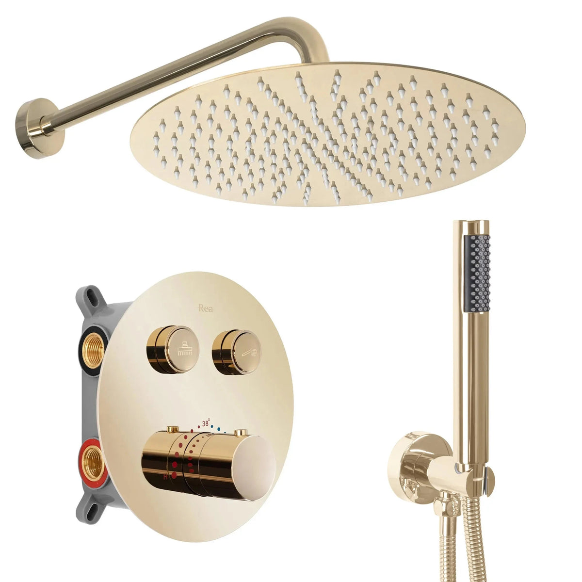 Set de dus incastrat cu termostat Rea Lungo + box, auriu lucios