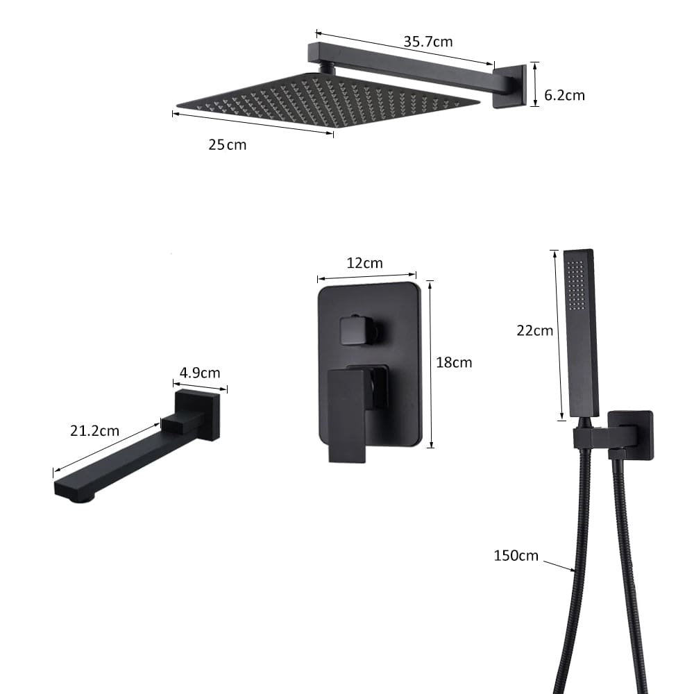 Set de dus negru cu para patrata 25 cm, negru mat, 3 functii de curgere a apei, + SIFON, cod 1232