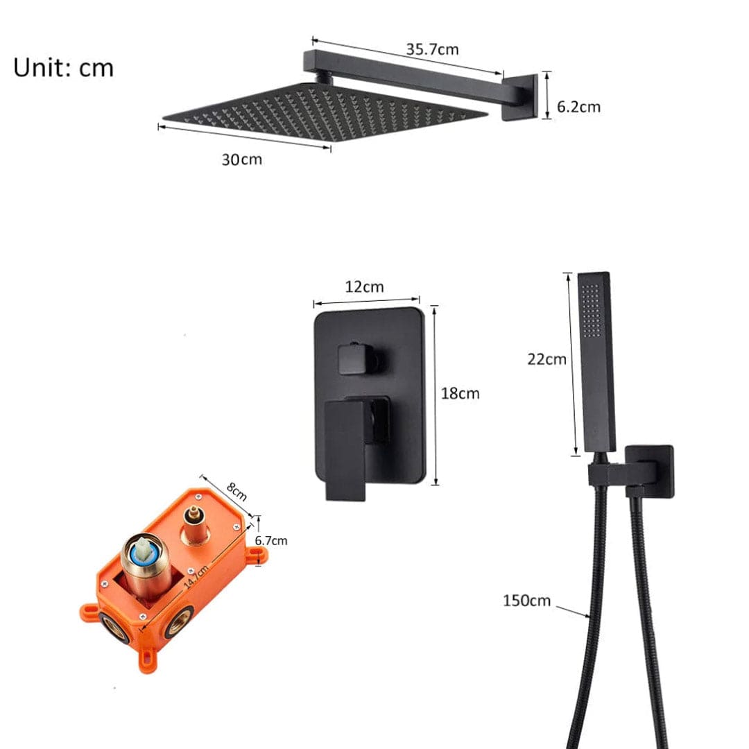 Set de dus negru cu para patrata 30 cm latura, cu 2 functii de curgere a apei, cod 1171